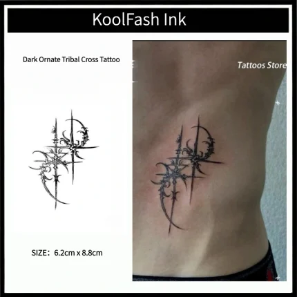 Dark Ornate Tribal Cross Temporary Tattoo Sticker, Gothic Faith Fake Tattoo