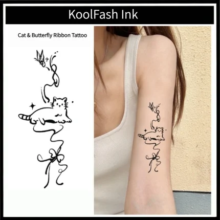 Delicate Kitten Butterfly Temporary Tattoo Sticker, Lovely Cat Fake Tattoo