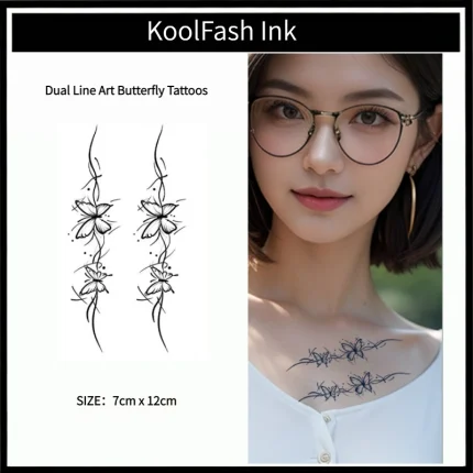 Dual Line Art Butterfly Temporary Tattoo Sticker, Minimalist Line Fake Tattoo