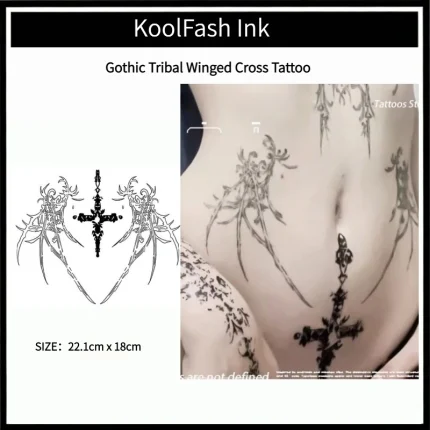 Tribal Winged Cross Temporary Tattoo Sticker, Punk Gothic Fake Tattoo