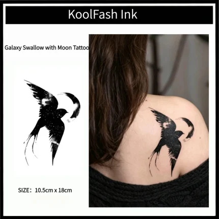 Galaxy Moon Swallow Temporary Tattoo Sticker, Celestial Bird Fake Tattoo