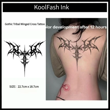 Gothic Tribal Winged Cross Temporary Tattoo Sticker, Dark Religious Fake Tattoo
