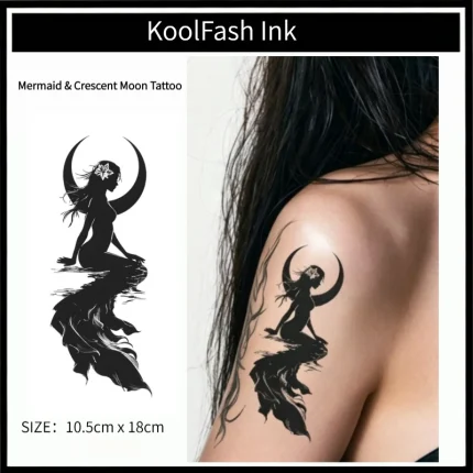 Mermaid Crescent Moon Temporary Tattoo Sticker, Fantasy Sea Fake Tattoo