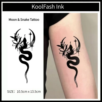 Moon and Snake Temporary Tattoo Sticker, Dark Mystical Fake Tattoo