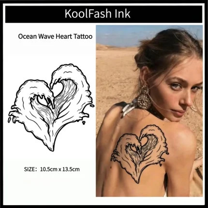 Ocean Wave Heart Temporary Tattoo Sticker, Romantic Marine Fake Tattoo