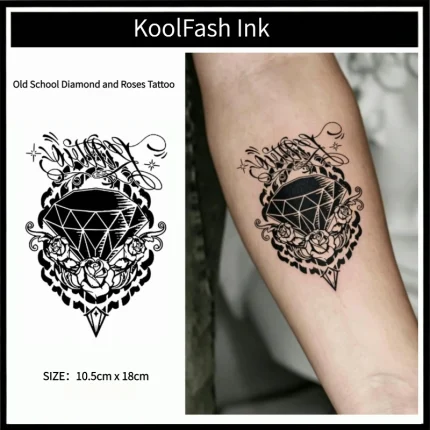 Old School Diamond Roses Temporary Tattoo Sticker, Retro Traditional Fake Tattoo