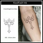 Ornate Winged Cross Temporary Tattoo Sticker, Elegant Dark Gothic Fake Tattoo