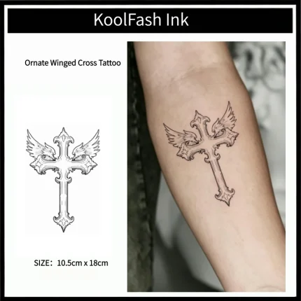 Ornate Winged Cross Temporary Tattoo Sticker, Elegant Dark Gothic Fake Tattoo