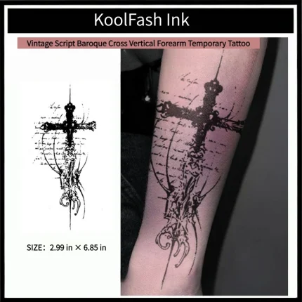 Vintage script baroque cross vertical forearm disposable temporary tattoo sticker