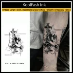 Vintage script fallen angel floral cross vertical forearm disposable temporary tattoo sticker