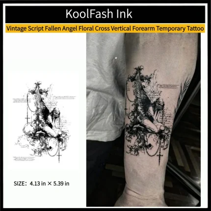 Vintage script fallen angel floral cross vertical forearm disposable temporary tattoo sticker