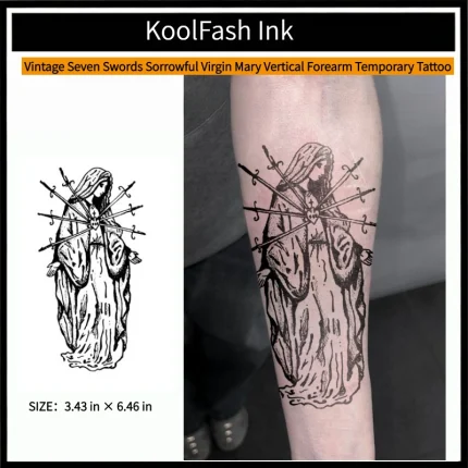 Vintage seven swords sorrowful virgin mary vertical forearm disposable temporary tattoo sticker